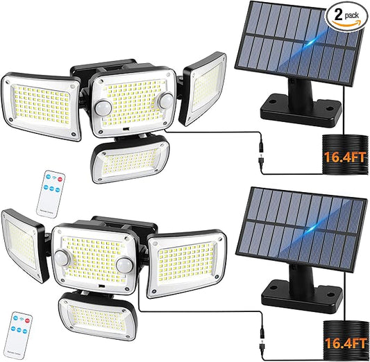 Solar Outdoor Lights, 3000LM 4 Heads LED Floodlights, Remote Control Solar Motion Dual Sensors Security Lights, IP65 Waterproof Wall Lights for House, Patio, Fence, Garden, Yard, Garage