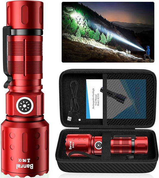 Flashlights High Lumens Rechargeable, 20000 Lumens Super Bright 1500 Meters Long Range Small Powerful Flashlight, 6 Modes LED Tactical Pocket Waterproof Flash Light for Home Emergency (1, Red)