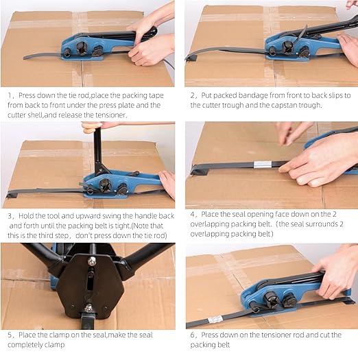 Pallet Packaging Strapping Banding Kit - Tensioner & Sealer Machine Set, Heavy Duty PET Belt, Open Serrated Seals, Corner Protector