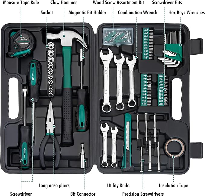 Cartman 148 Piece Automotive and Household Tool Set Perfect for Car Enthusiasts and DIY Home Repairs Green