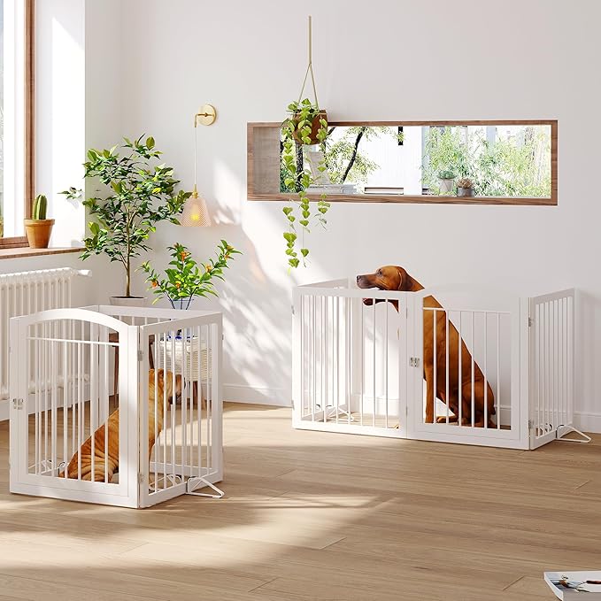 JSB 96-inch Extra Wide 30-inch Tall Dog gate with Door Walk Through, Freestanding Round Tube Pet Gate for Halls Stairs, Puppy Safety Dog Fence with 2PCS Support Feet (White)