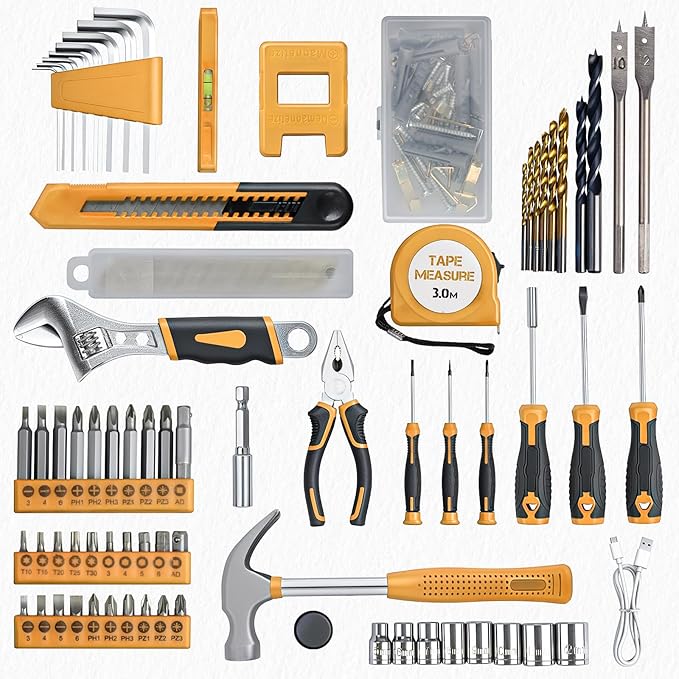 Tool Set - Tool Kit with 8V Cordless Drill, 132 Piece Tool Box with Drill, Home Tool Kits for Men & Women, Hand Drill Set Perfect for Homeowner, Diyer, Handyman-Yellow