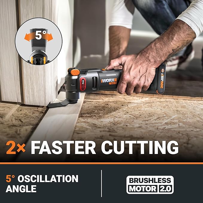Worx Nitro 20V Cordless Oscillating Multi Tool with 5° Oscillation Angle, VibraFree Technology, Slim-body Design, Tool Only, 23 Pieces Accessories with Carrying Bag, WX698L.9