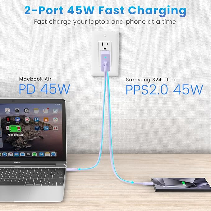 2Port 45W Super Fast Charger Type C, 2Pack 45W USB-C Charger Fast Charging for Samsung Galaxy S24 Ultra/S24+/S24/S23 Ultra/S23+/S22/S20/Note10+ with 2X 10ft Type C Cord (Purple)