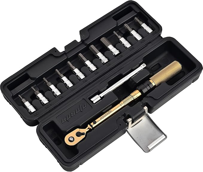 EPAuto Bike Tool 1/4 Inch Drive Click Torque Wrench Set (2 to 20 Nm), Hex/Torx Bit Socket Extension Bar Bicycle Maintenance Kit, Gold