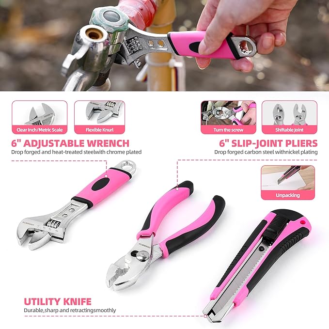 125 PCS Pink Household Tool Set, Pink Ladies Basic House DIY Toolkit Set for Home Garage Office College Dormitory Use, Hand Tool Kits for Women