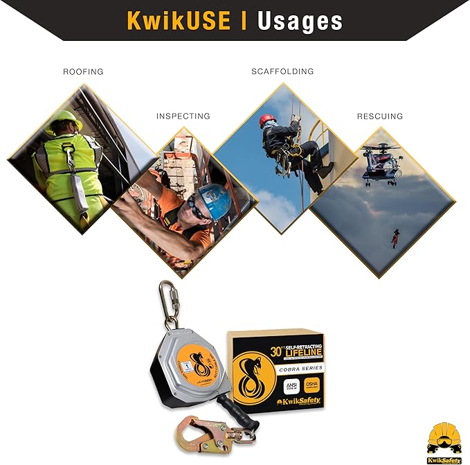 KwikSafety - Charlotte, NC - Cobra 30' KIT [Cable Self Retracting Lifeline + 3FT Cross Arm Strap + Roof Anchor] ANSI OSHA Class 1 Retractable Cable SRL Fall Arrest Construction Roofing PPE
