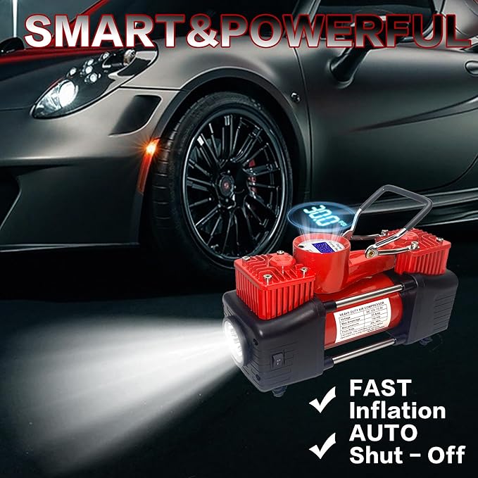 YUNGTEE Red Tire Inflator Heavy Duty Double Cylinders Direct Drive Inflation Pump,12V Portable Air Compressor Pump with LED Light-Digital Pressure Gauge 150PSI Tire Pump,Apply to Car,SUV,Air Bed