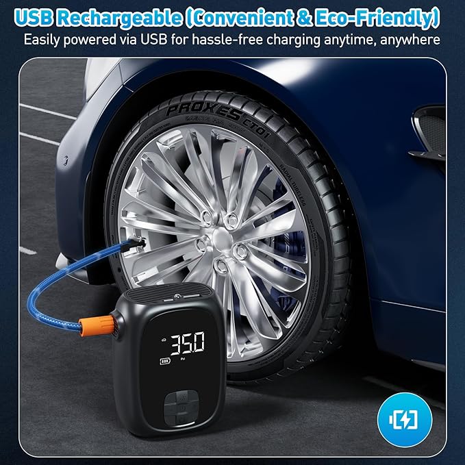 Tire Inflator Portable Air Compressor – Fast Inflation, Auto Shut-Off & LED Display | High-Power Air Pump for Car, Motorcycle & Bike Tires, USB Rechargeable & Compact Design, Gifts for Men