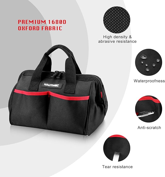 HAUTMEC 12 Inch Tool Bag, 1680D Oxford Fabric Wide Mouth Tool Organizer with Double Zipper, Compact Utility Tote with Non-Slip Base & Multiple Pockets, Small Tool Storage – HT0286