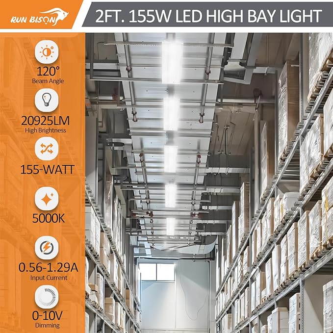 2FT LED Linear High Bay Fixture, 155W LED Shop Light, 20,925lm 135LM/W, 120-277V, 5000K Daylight Linear Hanging Light, UL&DLC Listed - 1PK