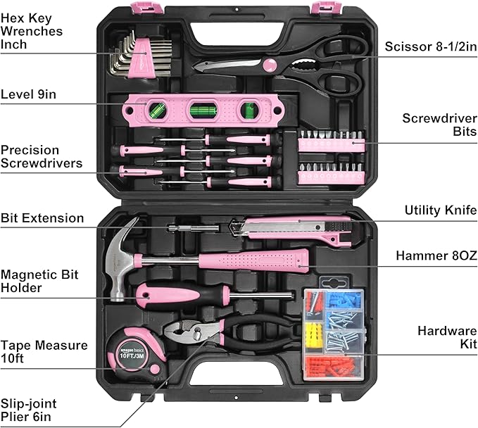 Amazon Basics Household Tool Kit With Storage Case, 142 Piece, Pink, 13.39 x 9.25 x 2.95 inch