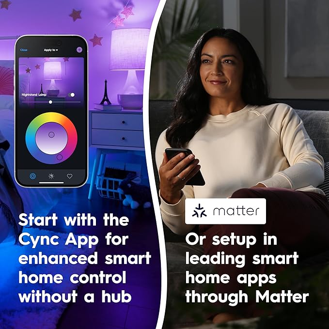 Cync GE A19 Smart LED Light Bulbs, Color Changing Room Décor, Works with Alexa and Google Home, Matter Compatible, LED Lights for Bedroom, Millions of Colors and White Tones (4 Pack)