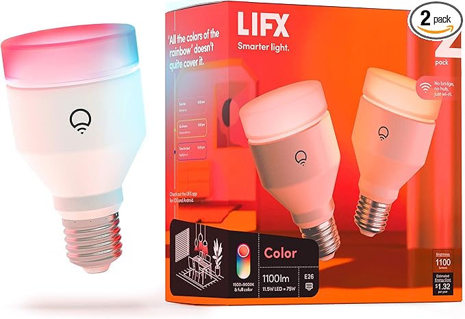 LIFX color, A19 1100 lumens, Wi-Fi Smart LED Light Bulb, Billions of colors and Whites, No bridge required, Works with Alexa, Hey Google, HomeKit and Siri multicolor (Pack of 2)