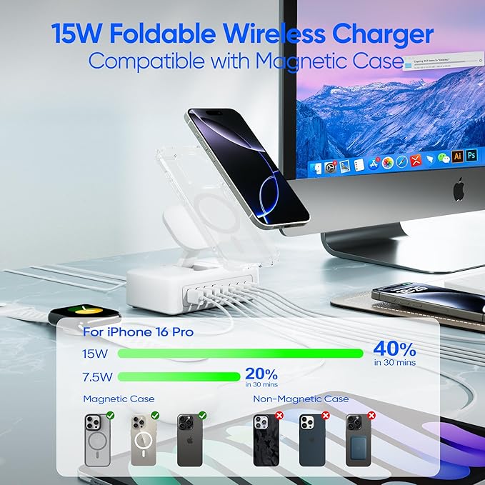 160W USB Charging Station Power Strip, 11-in-1 USB C Charger Block, 2AC Outlets with 8USB Ports(4USB-C), 5FT Flat Plug Extension Cord, Fast Charging Desktop Charger for Home Office Dorm Room, White