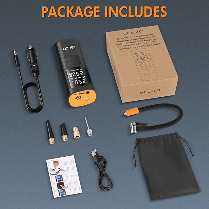 ELZO Tire Inflator Air Compressor, 7500mAh Rechargeable Car Tire Air Pump Portable with Digital Pressure Gauge 150PSI 3X Fast Inflation, Auto Shut Off, Cordless Mini Pump for Motorcycles Bikes Balls