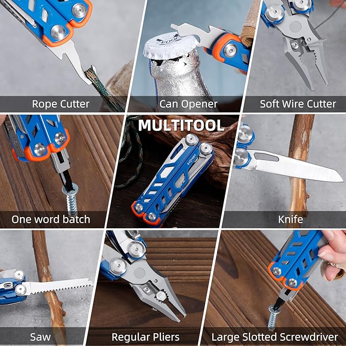 HANSHI 15 in 1 Multitool Pliers with Scissors, Upgraded Heavy Duty Stainless Steel Multi Tool with YG10 Tungsten Steel Replaceable Wire Cutters for Survival, Camping, Hiking,Repair and Gift (Blue)