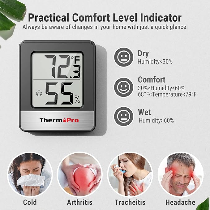 ThermoPro TP49 3 Pieces Digital Hygrometer Indoor Thermometer Humidity Meter Mini Hygrometer Thermometer with Temperature and Humidity Monitor Room Thermometer, Black