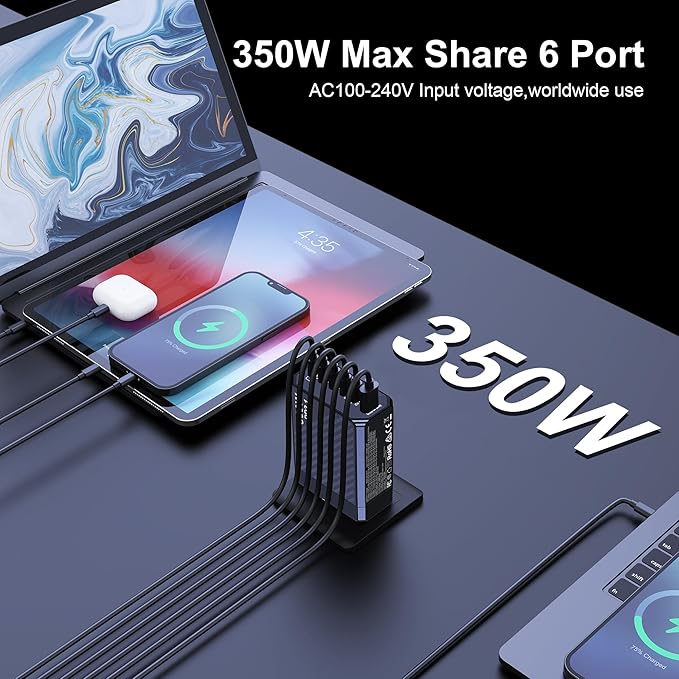 350W USB C Charger, 6-Ports PD3.1 140W Fast Charging Station, GaN Foldable Charger Block for MacBook Pro/Air, iPad, iPhone 16 15 Pro Max, Galaxy S24/S23 Ultra and More