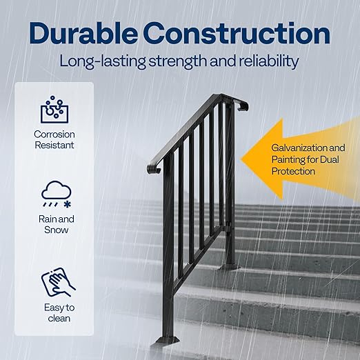 VIVOHOME 2-Pack 3 Step Galvanized Steel Hand Rails for Outdoor Steps – Curved Ends and Safety Balusters Exterior Railing for Porch, Deck, or Indoor Stairs, Complete Installation Kit