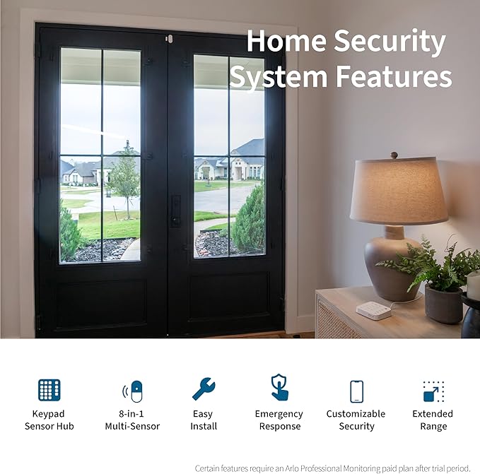 Home Security System - Wired Keypad Sensor Hub, (5) 8-in-1 Sensors, Video Doorbell 2K + Outdoor Camera 2K (2 Cam) + Security Tag Accessory + Wireless Keypad Bundle-No Contract, Alarm System for Home