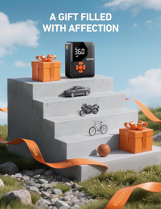 AstroAI L7 Mini Tire Inflator Portable Air Compressor,150 PSI Cordless Car Tires Air Pump with LED Lights&Pressure Gauge,Auto Shut-Off - Tire Pump for Auto,Motorcycle, Bicycle, Ball Orange