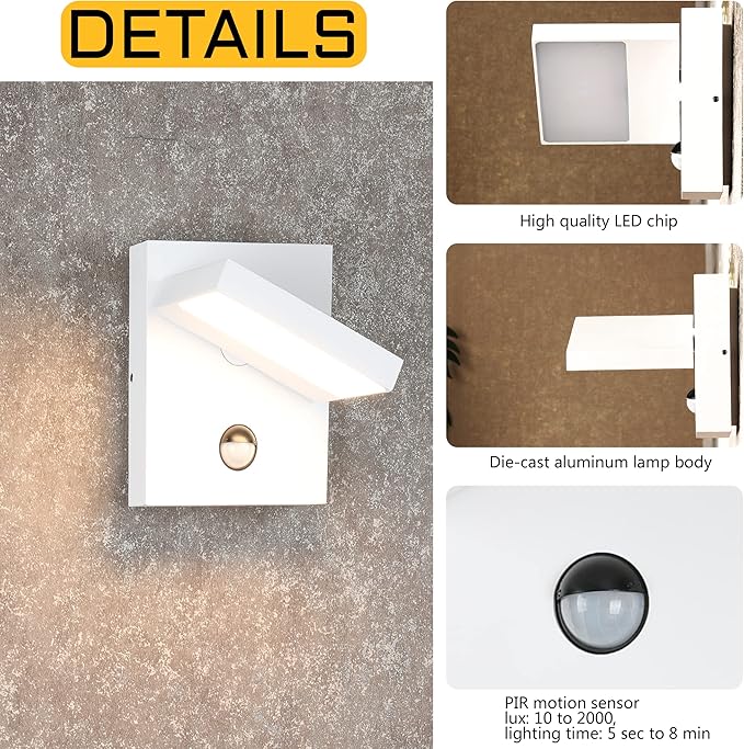 Lustrlach 2 Pack Motion Sensor Wall Light Outdoor White LED Modern Exterior Porch Light Fixture IP54 Waterproof Wall Sconce for House Garage Patio,3000K Warm White