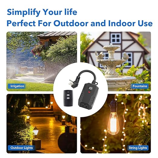 BN-LINK Outdoor Remote Control Outlet Plug Black,Indoor Wireless Outlet Switch Weatherproof Heavy Duty 15A 3-Prong 6-inch Cord 100Ft Range (Battery Included)