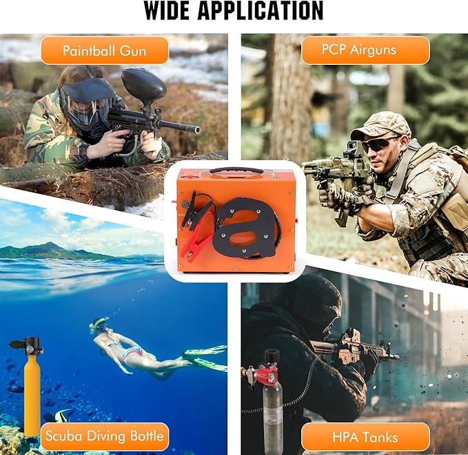 PCP Air Compressor with Auto Shut Down, Portable 4500Psi/30Mpa, Water/Oil-Free, One Button Start, Bursting Disc, 12V DC/120V AC PCP Airgun Compressor, Rifle/Pistol and Paintball Tank Air Pump (Orange)