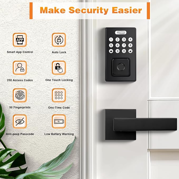Probrico Smart Door Lock, Keyless Entry with Handle, Black, Biometric, Keypad, Key, App Control, Auto Lock, Contemporary Style