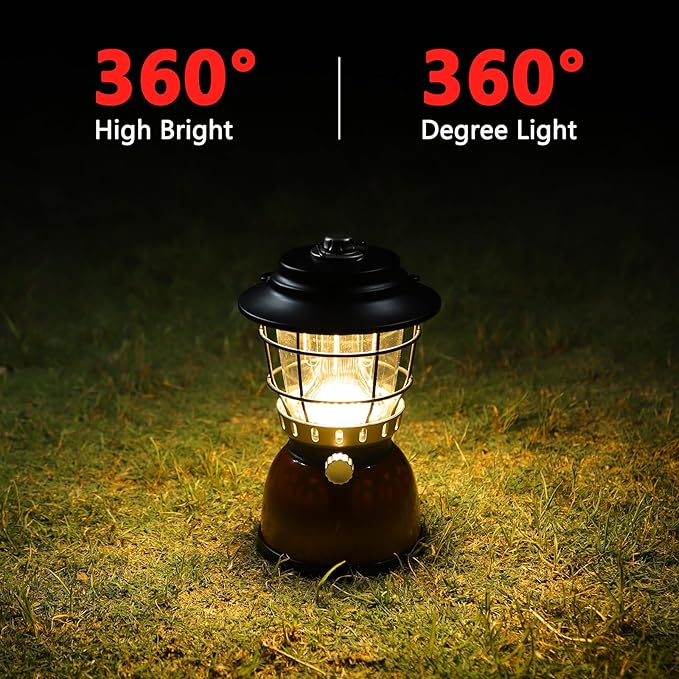 LED Camping Lantern Rechargeable Stepless Dimming Vintage Tent Lamp, 4000mAh Power Bank, IPX5 Waterproof Portable Hanging Camping Tent Light for Camping Hiking Emergency and Power Outage