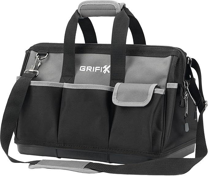 17-inch Tool Bag, Tool Box Organizer Storage, Wide Mouth Tool Tote Bag with Large Zipper, 17-Pocket Portable Adjustable Shoulder Strap and Ergonomic Handle (17" Molded Base)