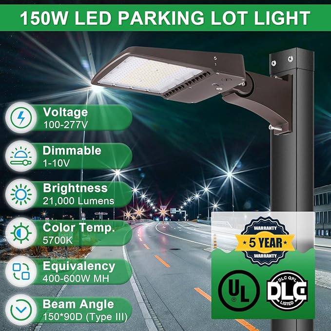 150W LED Parking Lot Light, 5700K 21000LM LED Shoebox Area Light [600W MH/HPS Equiv.], 0-10V Dimmable Outdoor Pole Flood Lights with Arm Mount, IP65 20KV Surge Protection AC100-277V UL&DLC Listed