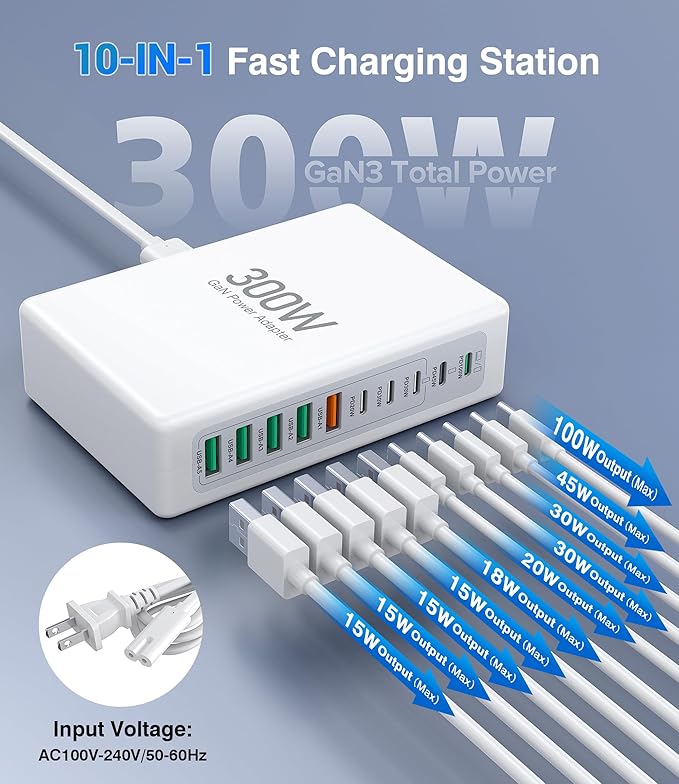 300W USB C Charging Block, 10-Port USB C Charging Station PD 100W Laptop Fast Charger Adapter for MacBook Air/Pro, iPhone 17/16/15/14/13 Pro Max, iPad Pro, DELL, Samsung Galaxy