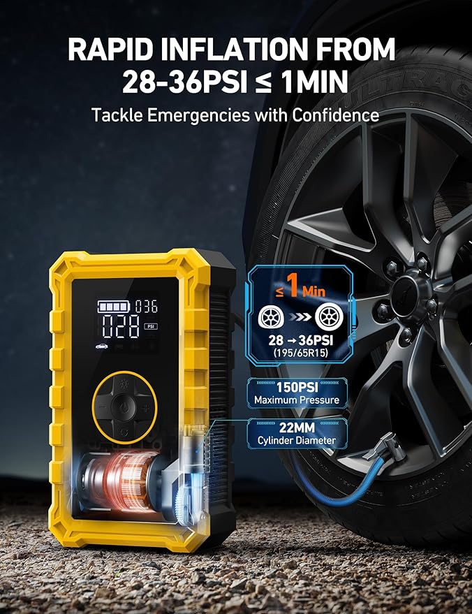 AstroAI S8 Air Jump Starter with Air Compressor, 1500A Car Battery Jumper Starter Portable (6.0 Gas/3.0L Diesel) with 150PSI Cordless Auto-Shutoff Tire Inflator, 12V Battery Charger Booster(Yellow)