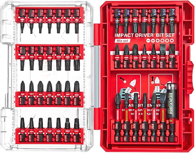 49Pieces Impact Screwdriver Bits Set, Magnetic S2 Steel Phillips/Slotted/Square/Torx Insert Power Bits Tips, Impact Bit Holder with Red Storage Box Case