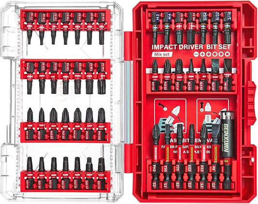49Pieces Impact Screwdriver Bits Set, Magnetic S2 Steel Phillips/Slotted/Square/Torx Insert Power Bits Tips, Impact Bit Holder with Red Storage Box Case