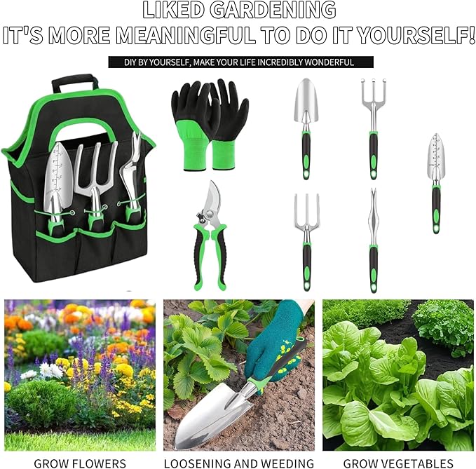 Gardening Tool Set, 8 Heavy-Duty Garden Kits, Including Pruners, Gloves, Rakes, Shovels, Etc., Ergonomic Manual Tools for Planting, Pruning and Transplanting