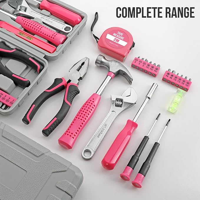 20 Pieces Home Tool Set, Basics Household Tool Kit with Small Mini Carrying Box for Men and Women DIY (Pink)