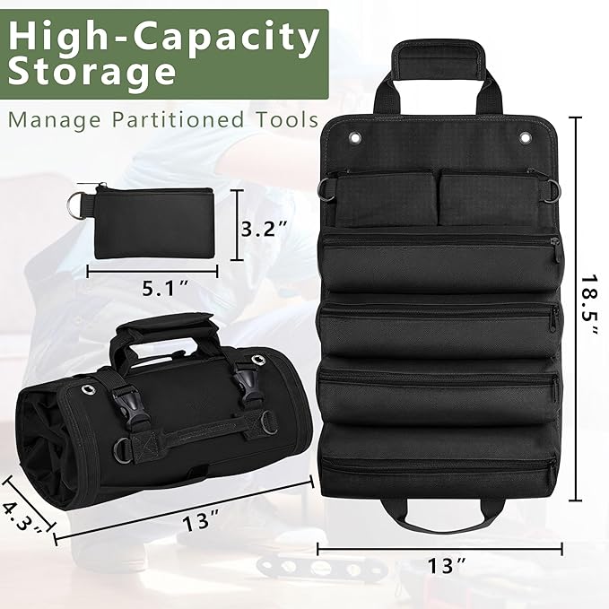 Roll Up Tool Bag Organizer, Tool Bags for Men, Tool Roll Bag with 2 Detachable Zipper Pouches, Heavy Duty Tool Bag for Dad Birthday, Father’s Day Gifts, Handyman or RV Owners (Black)