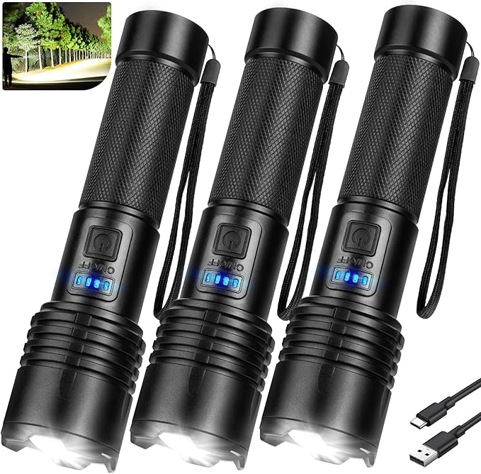 3 Pack Rechargeable Flashlights High Lumens, 90,000 Lumen Super Bright Led Flashlight with Adjustable 3 Modes & Power Display, Brightest Handheld Waterproof Flash Lights for Home Camping Hiking