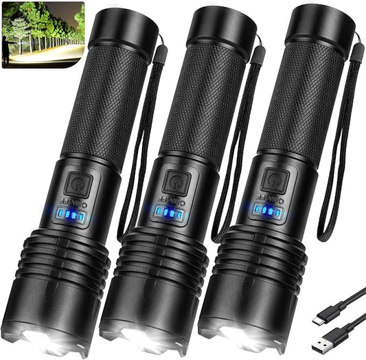 3 Pack Rechargeable Flashlights High Lumens, 90,000 Lumen Super Bright Led Flashlight with Adjustable 3 Modes & Power Display, Brightest Handheld Waterproof Flash Lights for Home Camping Hiking