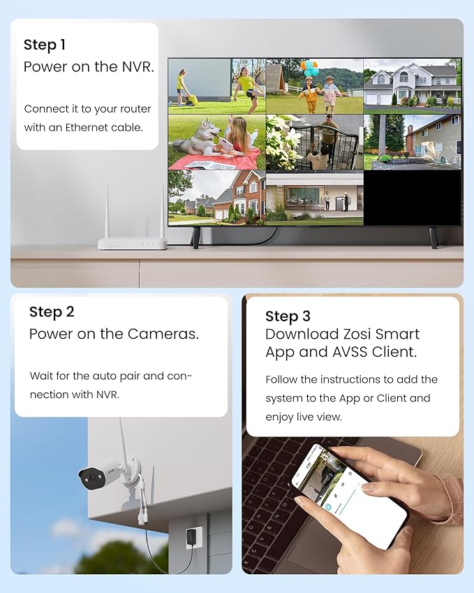 ZOSI 2K Wi-Fi 6 Security Camera System,4pcs 3MP Plug-in Metal WiFi Cameras Indoor Outdoor,AI Person Detection,Color Night Vision,2 Way Audio,8CH 4K NVR with 64GB Memory Card for Motion Recording
