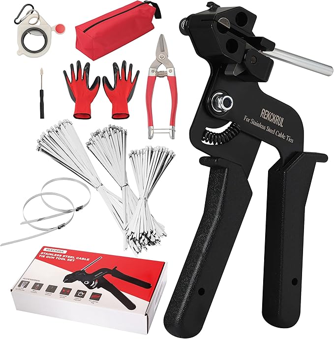 Stainless Steel Cable Tie Gun Set – Heavy Duty Metal Zip Tie Tool Kit - 150PCS Self-Locking Ties, Adjustable Fastening & Cutting Tool for Outdoor Fencing, Automotive, Exhaust Pipes (Black)