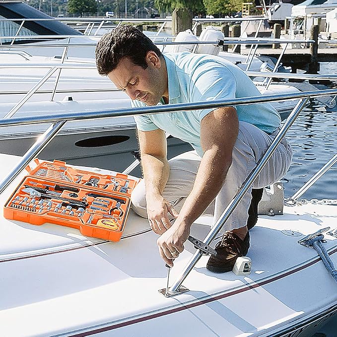 GreatNeck MS125 125 Piece Marine Tool Set, Complete With High Visibility, Water-Resistant Boat Tool Box Case, Anti-Rust Chrome-Plated Boat Supplies And Accessories, Orange