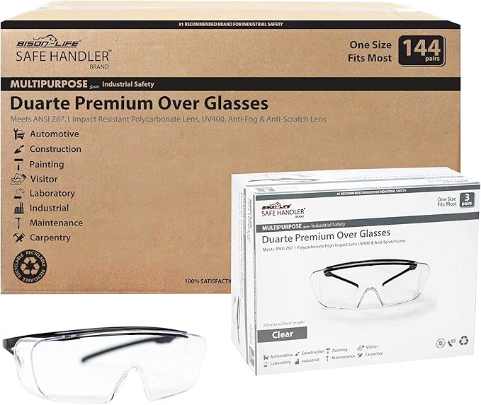 BISON LIFE Duarte Premium Over The Glass Safety Glasses; ANSI Z87.1 Impact Resistant Polycarbonate Wraparound Lenses, with Anti-Fog & Anti-Scratch, UV400 Protection (144 Pairs)