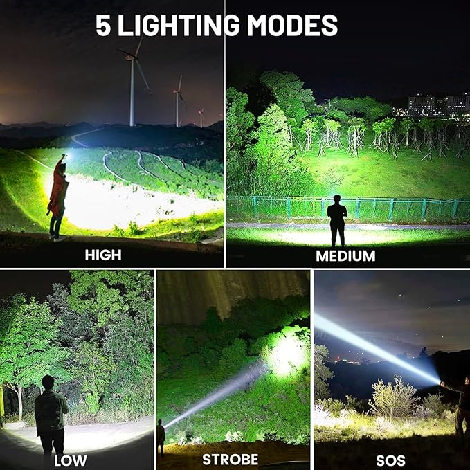 Rechargeable Flashlights High Lumens, 90,000 Lumen Super Bright Led Flashlight with USB Cable, 5 Modes Powerful Flashlight Waterproof Flash Light for Home Camping - 2 Pack