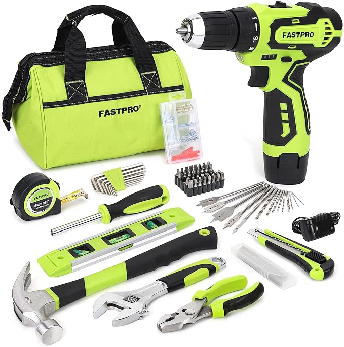 FASTPRO 175-Piece 12V Cordless Drill Set, Drill Driver and Home Tool Kit, House Repairing Tool with 12-Inch Storage Tool Bag, For DIY, Home Maintenance, Green