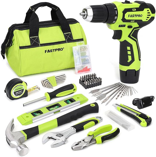 FASTPRO 175-Piece 12V Cordless Drill Set, Drill Driver and Home Tool Kit, House Repairing Tool with 12-Inch Storage Tool Bag, For DIY, Home Maintenance, Green