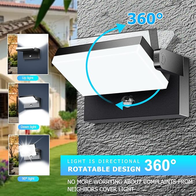 60W LED Outdoor Wall Light – 360° Adjustable Head, Motion Sensor, Color Temperature Adjustable (3000K/4000K/6500K) Waterproof Security Lighting for Garage, Porch & Yard